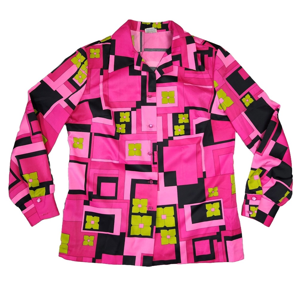 Pykettes Vintage‎ 70s Shirt Womens M Hot Pink Geometric Disco Barbie Groovy Twee